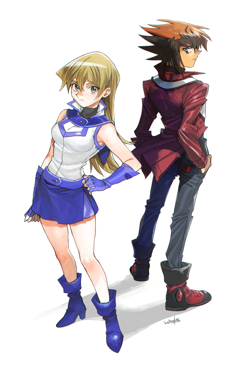 1boy 1girl 203wolves back-to-back black_pants black_shirt blonde_hair blue_footwear blue_gloves blue_skirt boots breasts brown_eyes brown_hair elbow_gloves fingerless_gloves full_body gloves hand_on_hip high_heel_boots high_heels highres jacket long_hair long_sleeves looking_at_viewer looking_back medium_breasts miniskirt multicolored_hair open_clothes open_jacket pants profile red_jacket shiny shiny_hair shirt simple_background skirt sleeveless sleeveless_jacket sleeveless_shirt spiked_hair straight_hair tenjouin_asuka turtleneck two-tone_hair very_long_hair white_background white_jacket yuu-gi-ou yuu-gi-ou_gx yuuki_juudai