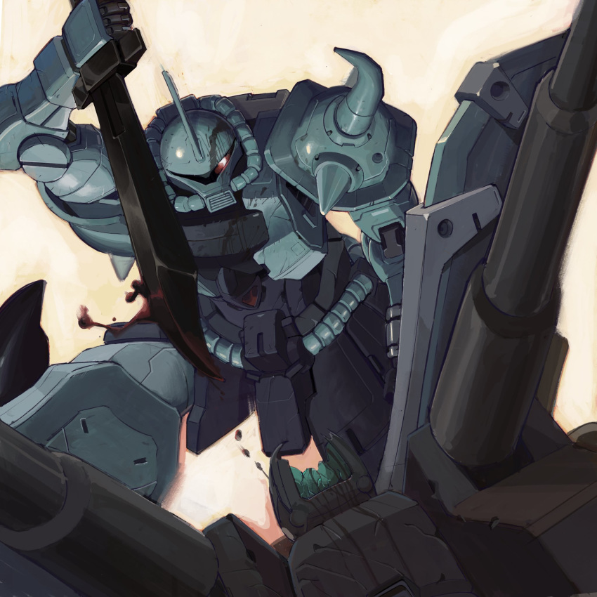 blood damaged glowing glowing_eye gouf_custom gundam gundam_08th_ms_team guntank_mass_production_type highres holding holding_sword holding_weapon looking_to_the_side mecha no_humans olympia_sweetman one-eyed shield solo_focus sword weapon zeon