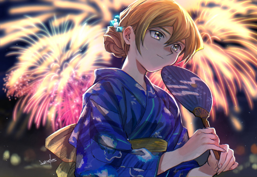 1girl 203wolves bangs blonde_hair blue_kimono blurry blurry_background closed_mouth fan festival fireworks grey_eyes hair_between_eyes holding holding_fan japanese_clothes kimono obi print_kimono sash short_hair signature solo tenjouin_asuka tied_hair upper_body yukata yuu-gi-ou yuu-gi-ou_gx