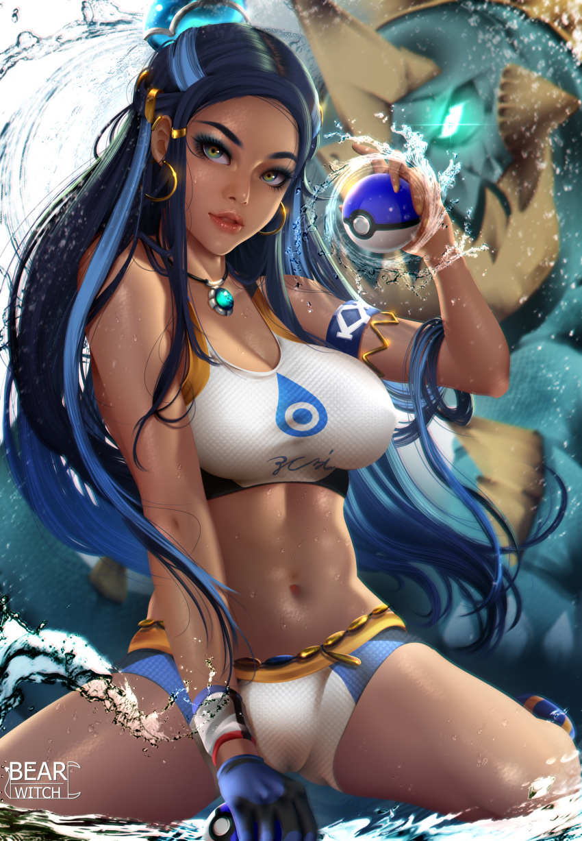 1girl absurdres artist_name asymmetrical_gloves bearwitch bikini bikini_shorts blue_eyeshadow blue_gloves blue_hair breasts cleavage dark_skin drednaw earrings eyeshadow floating_hair gen_8_pokemon gloves green_eyes gym_leader highres holding holding_poke_ball jewelry large_breasts long_hair looking_at_viewer makeup midriff multicolored_hair navel nessa_(pokemon) parted_lips pendant poke_ball pokemon pokemon_(creature) shorts single_glove solo stomach swimsuit two-tone_hair very_long_hair white_bikini