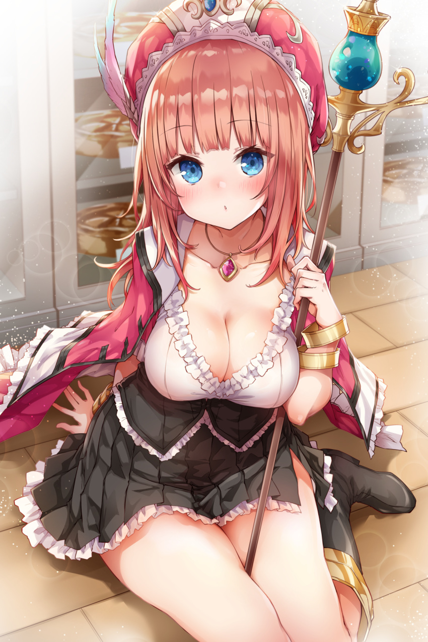 1girl :o alt arm_at_side atelier_(series) atelier_rorona bangs between_legs black_footwear black_skirt blue_eyes blunt_bangs blush boots bracelet breasts cleavage collarbone commentary_request eyebrows_visible_through_hair frilled_shirt frilled_skirt frills hat_feather hat_ornament highres holding holding_staff jacket jacket_on_shoulders jewelry knee_boots large_breasts long_hair looking_at_viewer miniskirt necklace on_floor parted_lips partial_commentary pink_jacket red_hair red_headwear rororina_fryxell shelf shirt side_slit sitting skirt solo staff thighs white_shirt wooden_floor