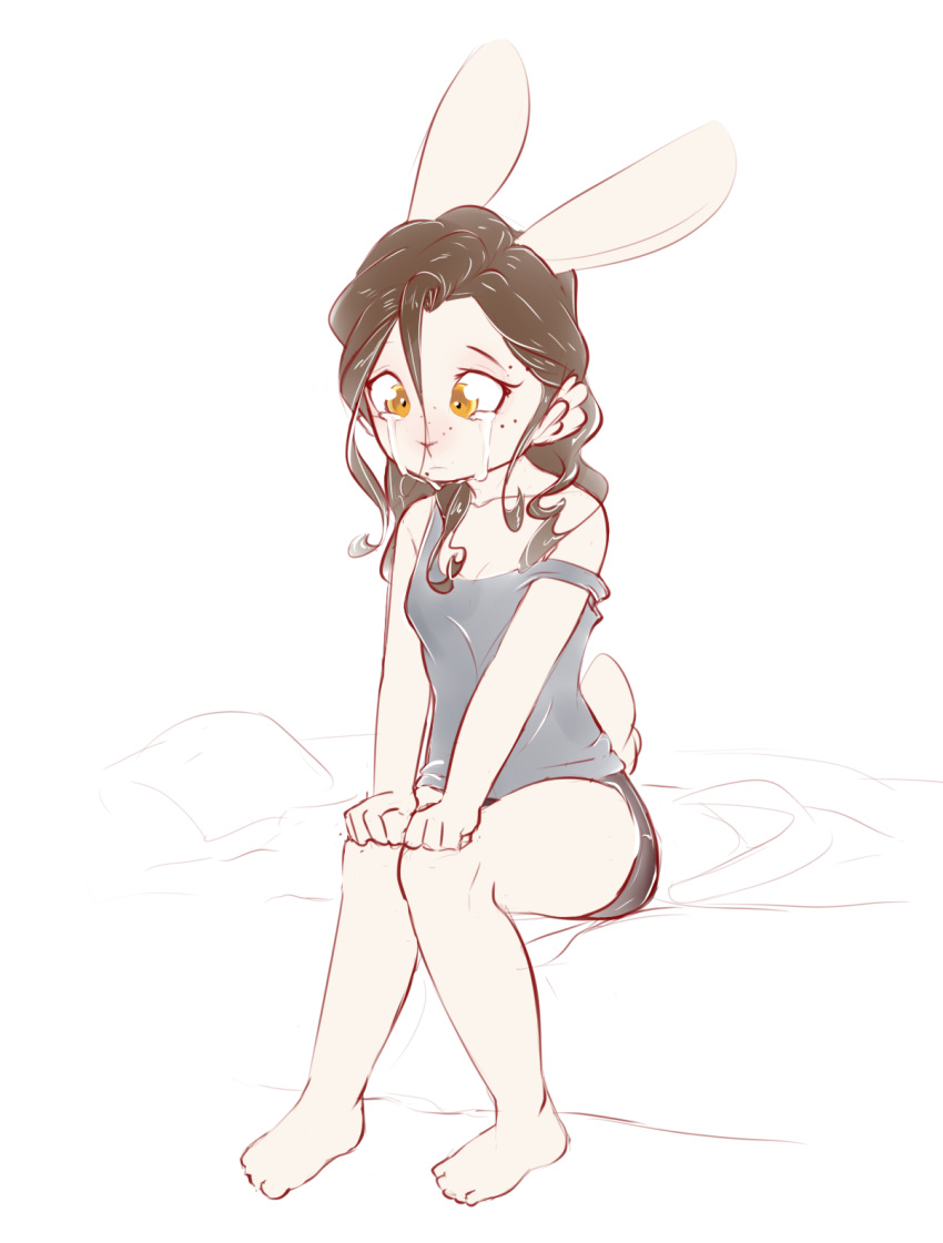 2020 alasou anthro bodily_fluids brown_hair crying digital_media_(artwork) female fingers hair hi_res lagomorph leporid mammal rabbit sitting solo tears toes yellow_eyes