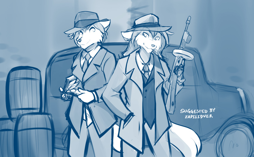 anthro barrel blue_and_white brother brother_and_sister car clothing conditional_dnp duo female gun hi_res keidran male male/female money monochrome natani pose ranged_weapon sibling sister submachine_gun suit thompson_gun tom_fischbach twokinds vehicle weapon webcomic zen_(twokinds)