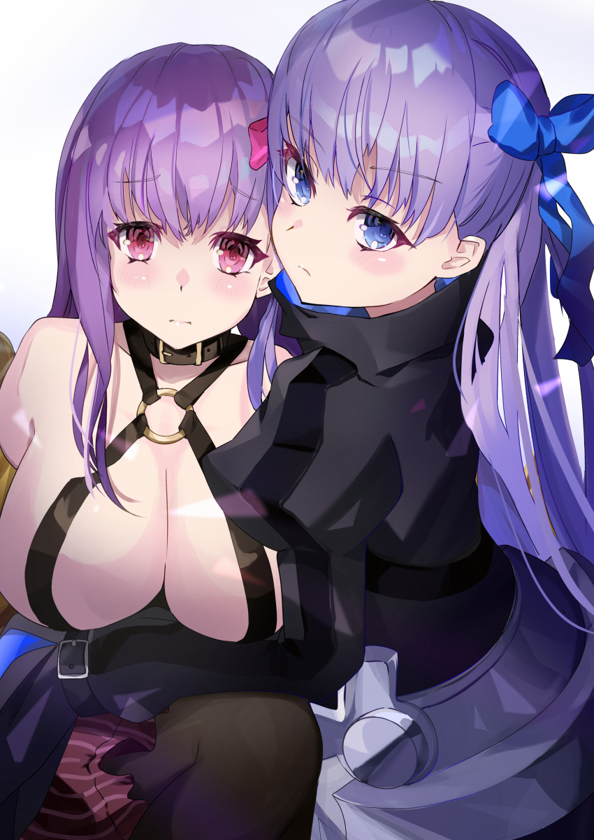 2girls absurdres belt_collar boots breasts claws collar crotch_plate eyebrows_visible_through_hair fate/extra fate/extra_ccc fate/grand_order fate_(series) hair_ribbon highres huge_breasts long_hair long_sleeves looking_at_viewer meltryllis multiple_girls navel o-ring o-ring_top passionlip purple_hair red_ribbon ribbon same_(sendai623)