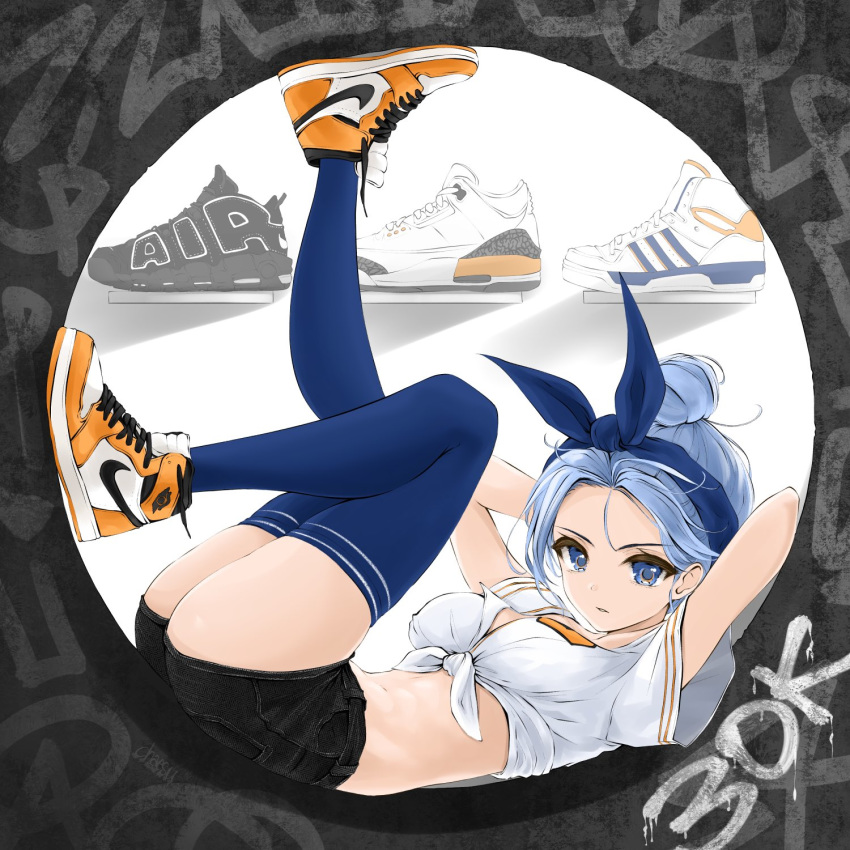 1girl air_jordan arms_behind_head arms_up ass bandana bangs baseball_jersey black_shorts blue_eyes blue_hair blue_legwear breasts chaesu crop_top denim denim_shorts front-tie_top full_body highres legs_up long_hair looking_at_viewer lying medium_breasts midriff minah_(chaesu) nike on_back original parted_bangs parted_lips shirt shoes short_shorts short_sleeves shorts sneakers solo stomach thighhighs thighs tied_hair white_shirt