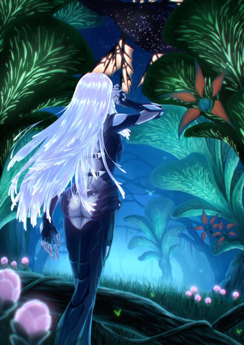 1girl adjusting_hair ass dutch_angle elma_(true_form)_(xenoblade_x) elma_(xenoblade_x) grass highres light_blue_eyes light_blue_hair long_hair night noctilum plant scenery solo very_long_hair xenoblade_chronicles_(series) xenoblade_chronicles_x z90i20l54lu02st