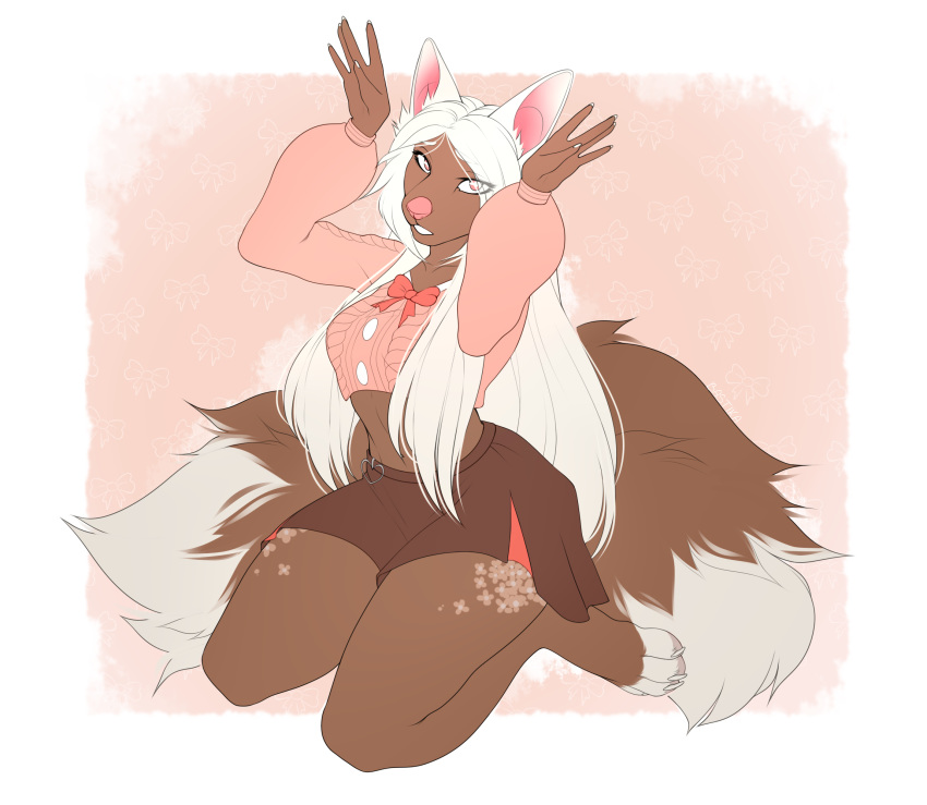2020 4_toes 5_fingers anthro bastika breasts brown_body brown_fur canid canine clothed clothing digital_media_(artwork) female fingers fox fur hair hi_res kneeling mammal solo toes white_hair