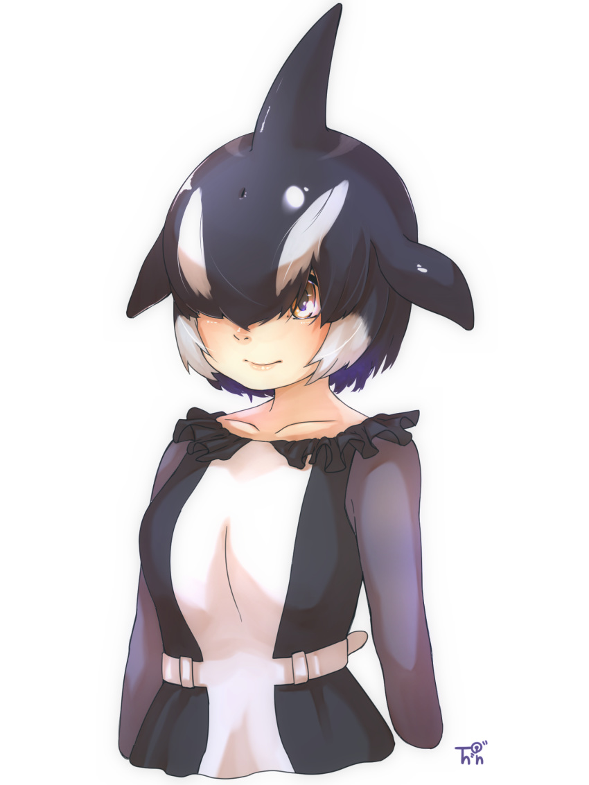 1g arms_at_sides artist_logo bangs belt black_hair blowhole brown_eyes closed_mouth cropped_arms cropped_torso dorsal_fin dress frills grey_hair hair_over_one_eye head_fins highres kemono_friends long_sleeves multicolored_hair orca_(kemono_friends) parted_bangs purple_hair short_hair simple_background smile solo thin_(suzuneya) upper_body white_background