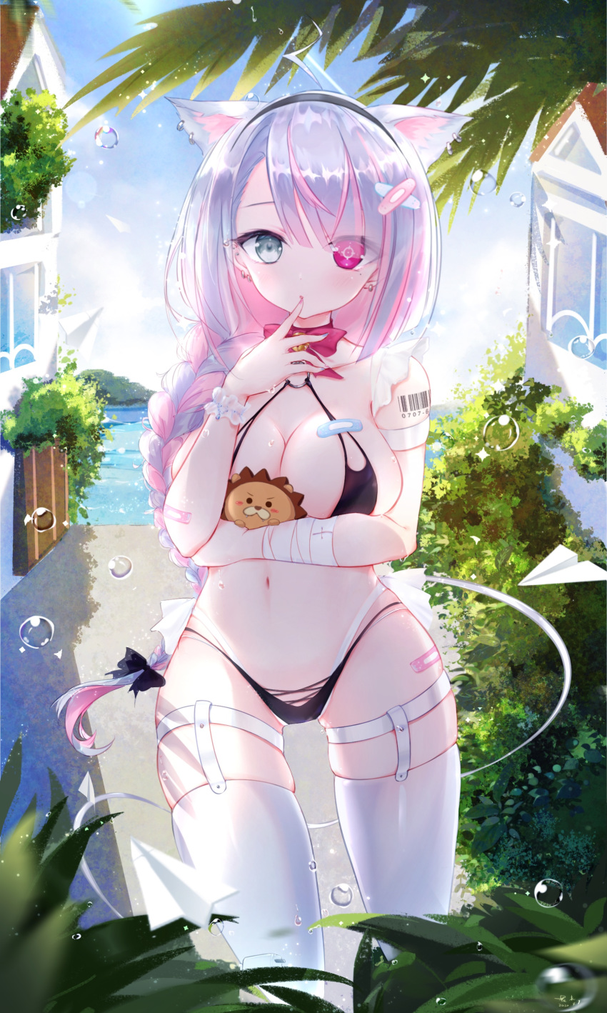 1girl absurdres ahoge animal_ears artist_request bandages bandaid barcode_tattoo bikini braid breasts cat_ears cleavage crosshair_eyes earrings finger_to_mouth garter_straps grey_eyes heterochromia highres horizon indie_virtual_youtuber jewelry lolo_(vtuber) long_hair micro_bikini navel o-ring o-ring_bikini ocean palm_tree red_eyes skindentation stuffed_animal stuffed_lion stuffed_toy swimsuit tattoo thigh_strap thighhighs tree very_long_hair virtual_youtuber water_drop white_legwear