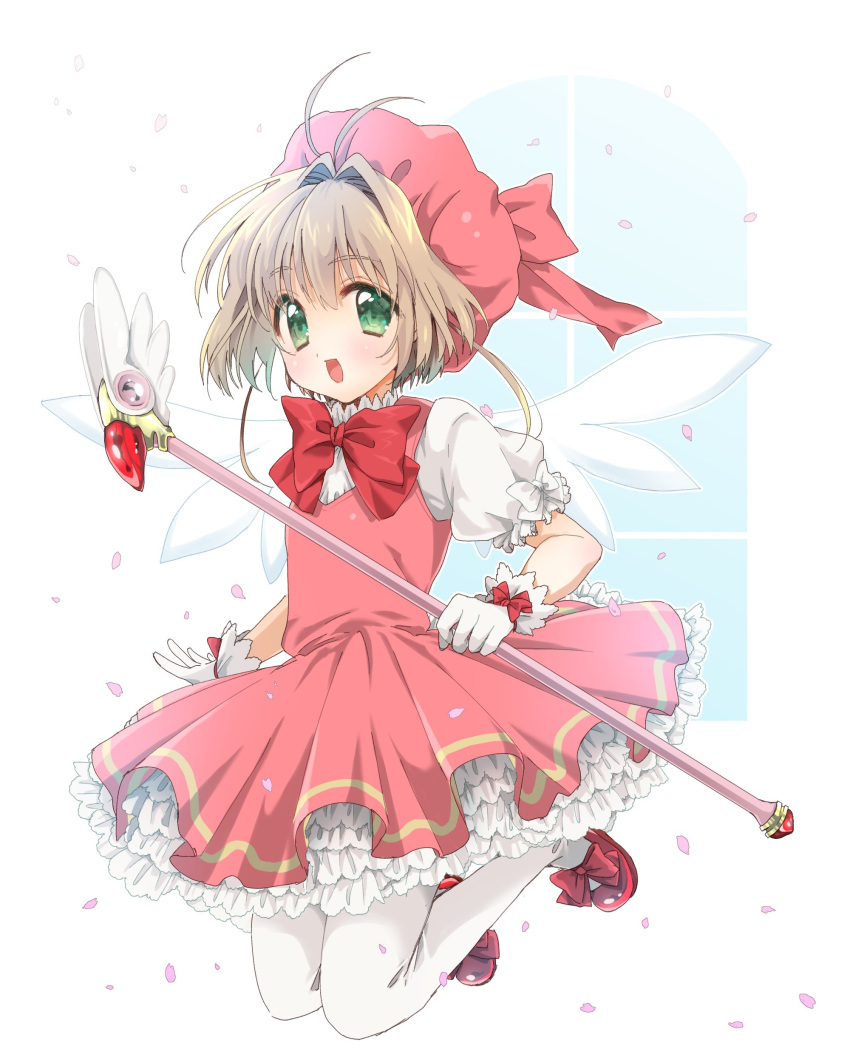 1girl absurdres antenna_hair brown_hair cardcaptor_sakura commentary_request dress frilled_dress frills full_body fuuin_no_tsue gloves green_eyes highres kantai_collection kinomoto_sakura magical_girl open_mouth puya red_dress red_headwear short_hair smile solo thighhighs wand white_gloves white_legwear wings