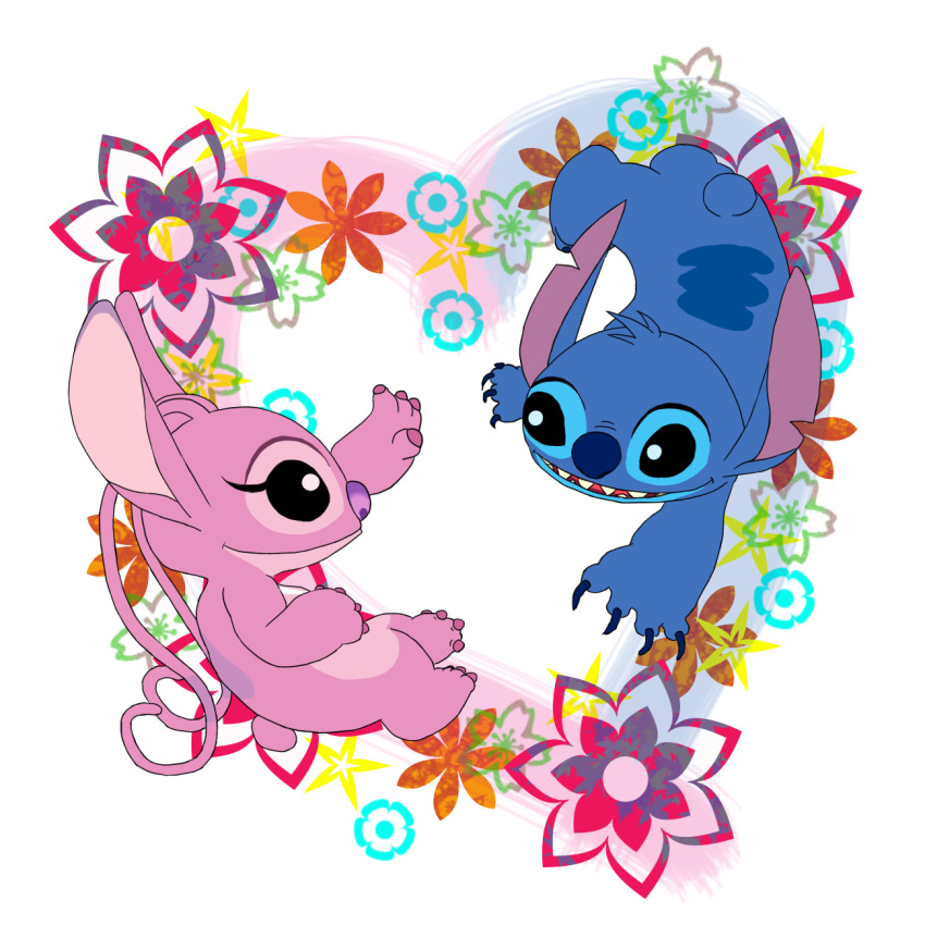 1:1 2009 alien angel_(lilo_and_stitch) antennae_(anatomy) blue_claws blue_markings claws disney duo experiment_(lilo_and_stitch) eyelashes female fingers head_tuft hi_res lilo_and_stitch looking_at_another male markings notched_ear pink_claws purple_nose semi-anthro sharp_teeth small_tuft smile stitch_(lilo_and_stitch) teeth toe_claws tuft unknownlifeform