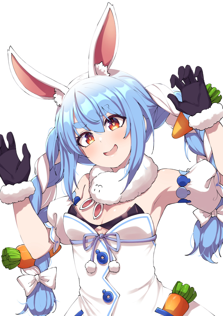 1girl absurdres bangs black_gloves blue_hair bow braid breasts bunny-shaped_pupils carrot_hair_ornament cleavage commentary disco_brando english_commentary eyebrows_visible_through_hair food_themed_hair_ornament gloves hair_bow hair_ornament hands_up highres hololive long_hair looking_at_viewer medium_breasts multicolored_hair open_mouth red_eyes simple_background smile solo symbol-shaped_pupils thick_eyebrows twin_braids twintails two-tone_hair usada_pekora virtual_youtuber white_background white_bow white_hair