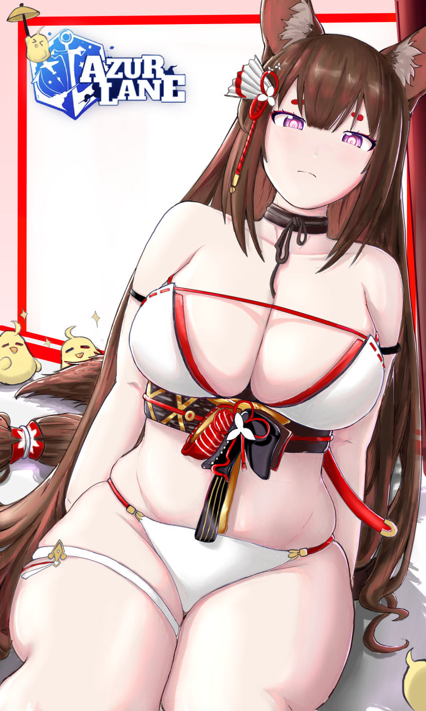 1girl absurdres amagi_(azur_lane) amagi_(wending_waters_serene_lotus)_(azur_lane) animal_ears azur_lane bangs bare_shoulders bikini bikini_bottom bikini_top breasts brown_hair cleavage collarbone curvy fox_ears fox_girl fox_tail highres kitsune large_breasts long_hair midriff multicolored multicolored_bikini multicolored_clothes multiple_tails open_bikini open_clothes purple_eyes saiskh swimsuit tail thick_eyebrows thigh_strap thighs white_bikini