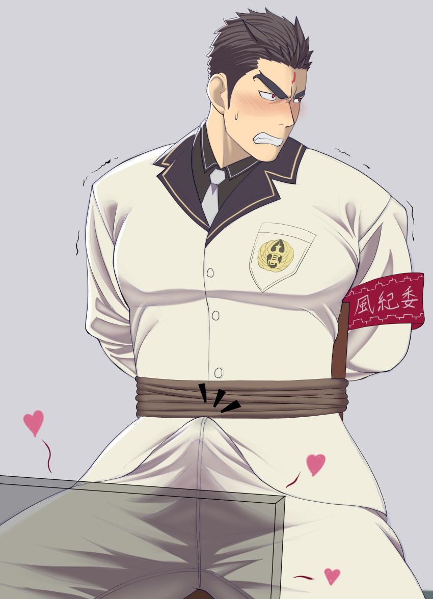 1boy absurdres aizen_(tokyo_houkago_summoners) bara black_hair blush bound bound_wrists chest cowboy_shot erection erection_under_clothes facial_mark forehead_mark highres male_focus muscle necktie pants red_eyes rope short_hair simple_background solo takejirog tokyo_houkago_summoners twitching