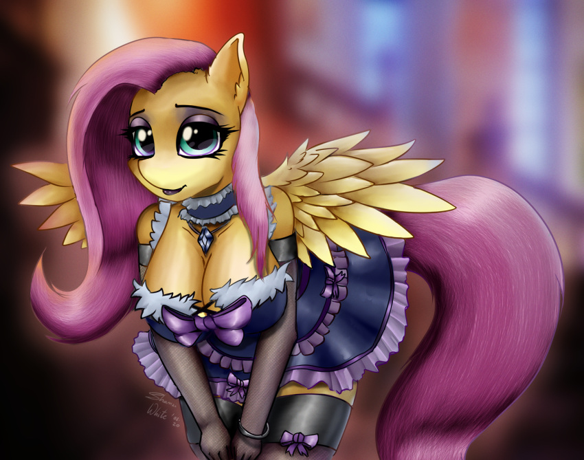 2020 anthro armwear blurred_background bracelet breasts cleavage clothed clothing equid equine eyebrows eyeless female fluttershy_(mlp) friendship_is_magic hasbro jewelry legwear makeup mammal my_little_pony pegasus shamziwhite solo spread_wings wings