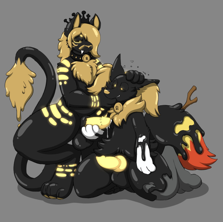 animal_genitalia animal_penis anthro assimilation balls black_balls black_body black_goo black_sclera black_tail blonde_hair bodily_fluids braixen canine_penis chest_tuft collar collar_only cougar crisstail crouching crown cura_(curacougar) duo erection fangs felid feline feline_penis front_view fur genital_fluids genitals goo_transformation grey_background grey_body grey_fur hair half-closed_eyes head_grab hi_res hypnosis inner_ear_fluff kneeling knot latex_transformation living_latex male male/male mammal mind_control narrowed_eyes nintendo penile_spines penis penis_grab pok&eacute;mon pok&eacute;mon_(species) precum precum_drip rubber simple_background transformation tuft video_games white_body white_fur yellow_eyes yellow_penis yellow_tail