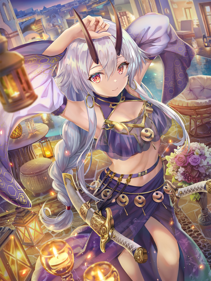 1girl armpits arms_up bare_shoulders belt bouquet braid breasts candle crop_top cutlass dancer detached_sleeves dusk fate/grand_order fate_(series) flower hair_between_eyes highres horns lamp long_hair long_sleeves looking_at_viewer midriff oni_horns outdoors purple_shirt purple_skirt red_eyes revealing_clothes see-through sheath shirt silver_hair single_braid skirt small_breasts smile solo standing stomach sword tomoe_gozen_(fate/grand_order) torino_akua very_long_hair weapon wide_sleeves