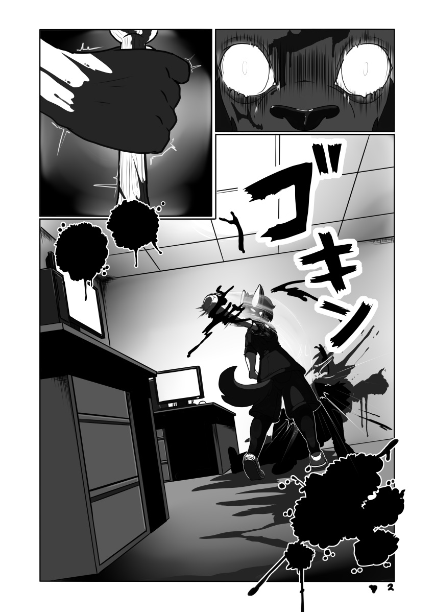 absurd_res anthro baseball_bat bat_(object) black_and_white blood blood_on_weapon blood_splatter bodily_fluids canid canine canis comic duo gore hi_res humanoid japanese_text killing male mammal manga monochrome moonrunes office text white_eyes wolf xenny xenny_(moonrunes)