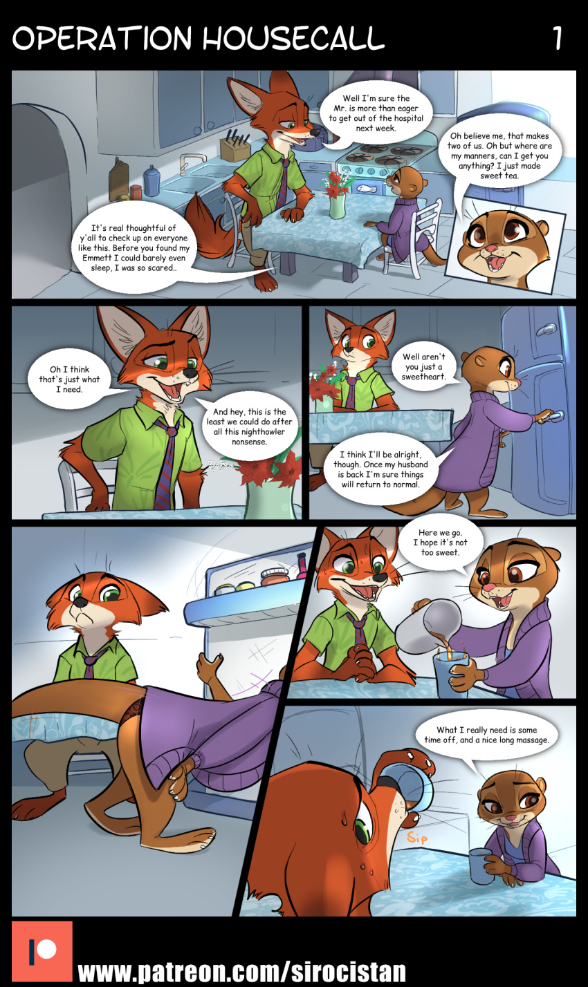 anthro canid canine clothing comic cup dialogue disney duo english_text female fox fridge hi_res kitchen lutrine male mammal mrs._otterton mustelid nick_wilde ogling panties siroc text underwear url zootopia