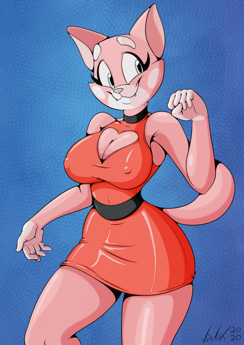 2020 anthro big_breasts blue_background blue_eyes breasts cleavage clothed clothing domestic_cat felid feline felis female fur hi_res mammal nipple_outline pink_body pink_fur shima_luan signature simple_background smile solo standing super_planet_dolan teeth thick_thighs vinfox wide_hips