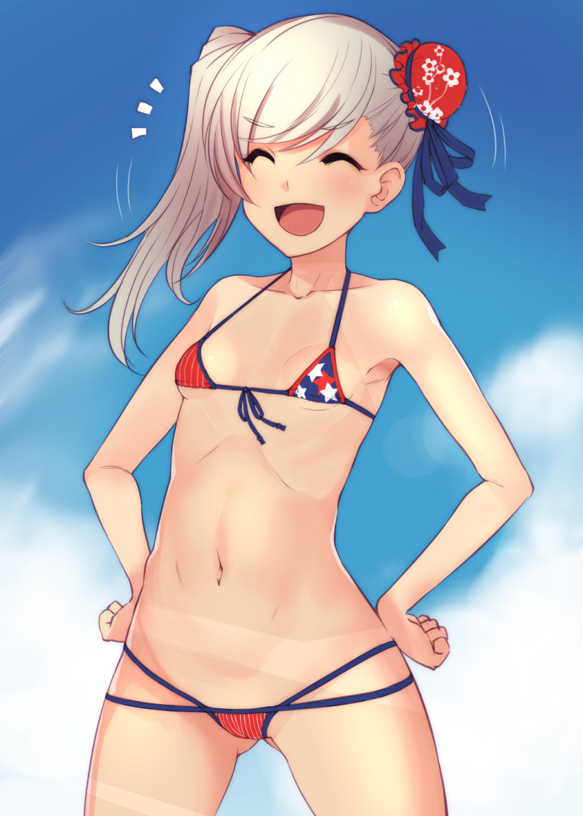 1girl alternate_breast_size american_flag_bikini asymmetrical_hair bangs bikini blush bosshi breasts bun_cover closed_eyes cloud eyebrows_visible_through_hair fate/grand_order fate_(series) flag_print grey_hair hair_bun hands_on_hips highres miyamoto_musashi_(fate/grand_order) miyamoto_musashi_(swimsuit_berserker)_(fate) open_mouth ponytail side_bun side_ponytail sky small_breasts solo swept_bangs swimsuit