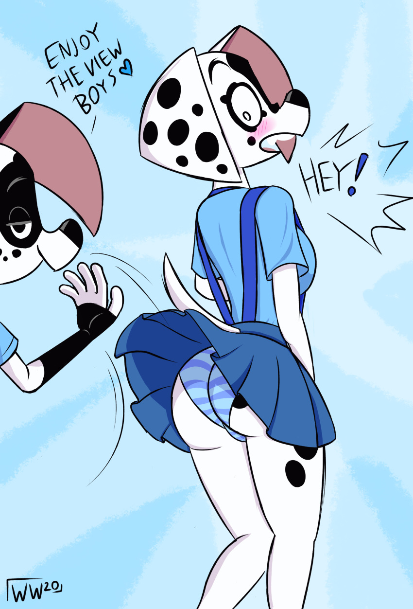 ! &lt;3 101_dalmatian_street 101_dalmatians absurd_res anthro assisted_exposure big_breasts big_butt black_body black_fur black_spots blush bottomwear breasts butt canid canine canis clothed clothing dalmatian dee_dee_(101_dalmatians) disney dizzy_(101_dalmatians) domestic_dog duo english_text exposed female fingerless_gloves_(marking) fur hi_res looking_at_viewer looking_back mammal open_mouth panties raised_clothing raised_skirt shirt sibling simple_background skirt smile solo_focus spots surprise suspenders t-shirt teeth text tongue topwear underwear upskirt white_body white_fur whitewolf20xx