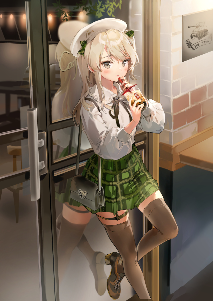 1girl absurdres against_door anmi bag beret black_legwear bow brown_eyes bubble_tea commentary_request cup disposable_cup drinking_straw girls_und_panzer green_bow green_skirt hair_ornament hat highres holding long_hair long_sleeves looking_at_viewer plaid plaid_skirt ribbon shimada_arisu shirt shoes skirt solo standing standing_on_one_leg thighhighs white_shirt zettai_ryouiki