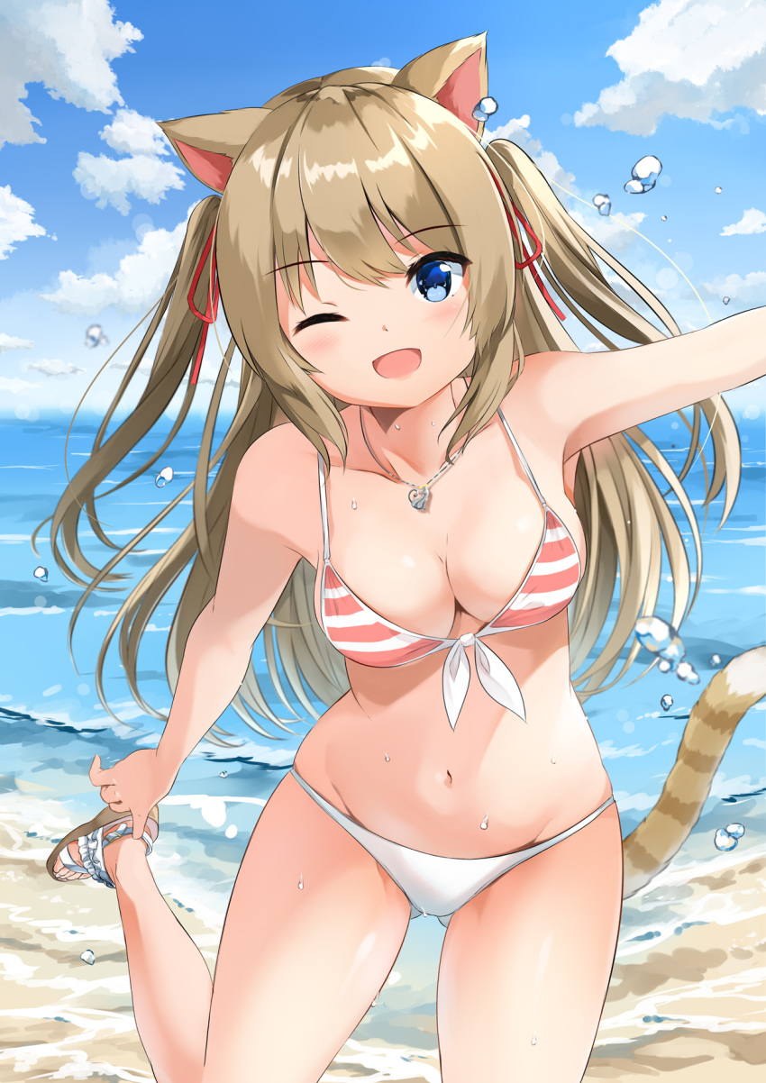 1girl ;d adjusting_footwear animal_ears armpits ass_visible_through_thighs bangs bare_arms bare_shoulders bikini blue_eyes blush breasts brown_footwear brown_hair cat_ears cat_girl cat_tail cleavage commentary_request day eyebrows_visible_through_hair front-tie_bikini front-tie_top groin hair_between_eyes hair_ribbon highres horizon long_hair medium_breasts navel ocean one_eye_closed open_mouth original outdoors outstretched_arm red_ribbon ribbon sandals smile solo sora_(silent_square) standing standing_on_one_leg string_bikini striped striped_bikini striped_tail swimsuit tail tail_raised two_side_up very_long_hair water water_drop wet white_bikini