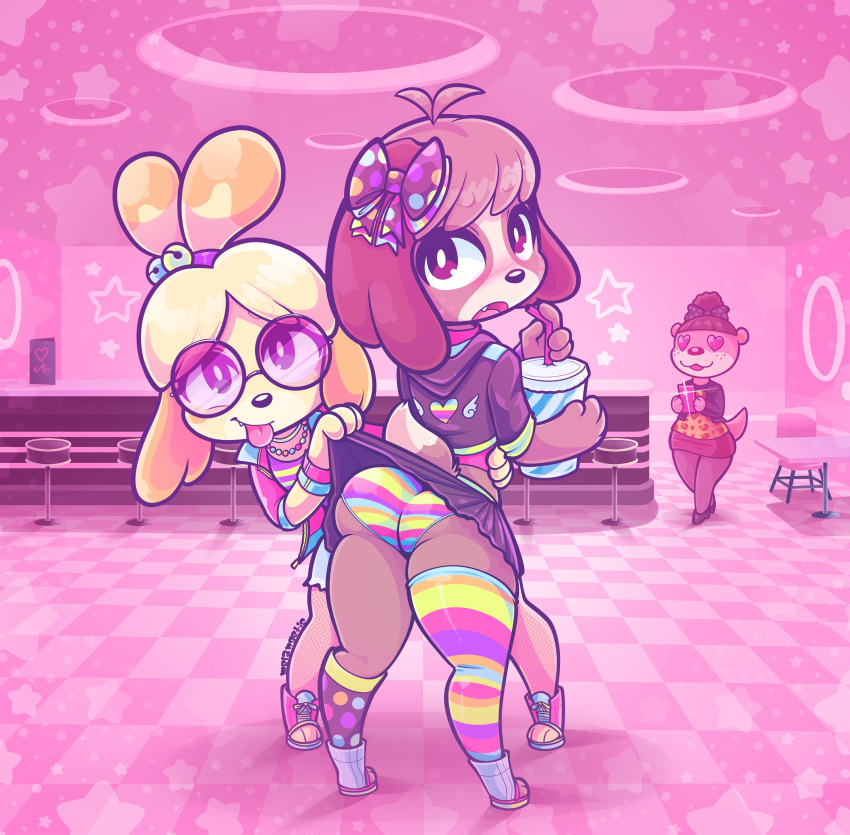 &lt;3 &lt;3_eyes absurd_res animal_crossing anthro assisted_exposure bottomwear brother brother_and_sister butt canid canine canis clothed clothing clothing_lift crossdressing digby_(animal_crossing) domestic_dog duo female fishnet fishnet_legwear girly hi_res hoodie isabelle_(animal_crossing) legwear looking_back lottie_(animal_crossing) lutrine male mammal melangetic mustelid nintendo shih_tzu sibling sister skirt skirt_lift thigh_highs tinted_glasses topwear toy_dog video_games