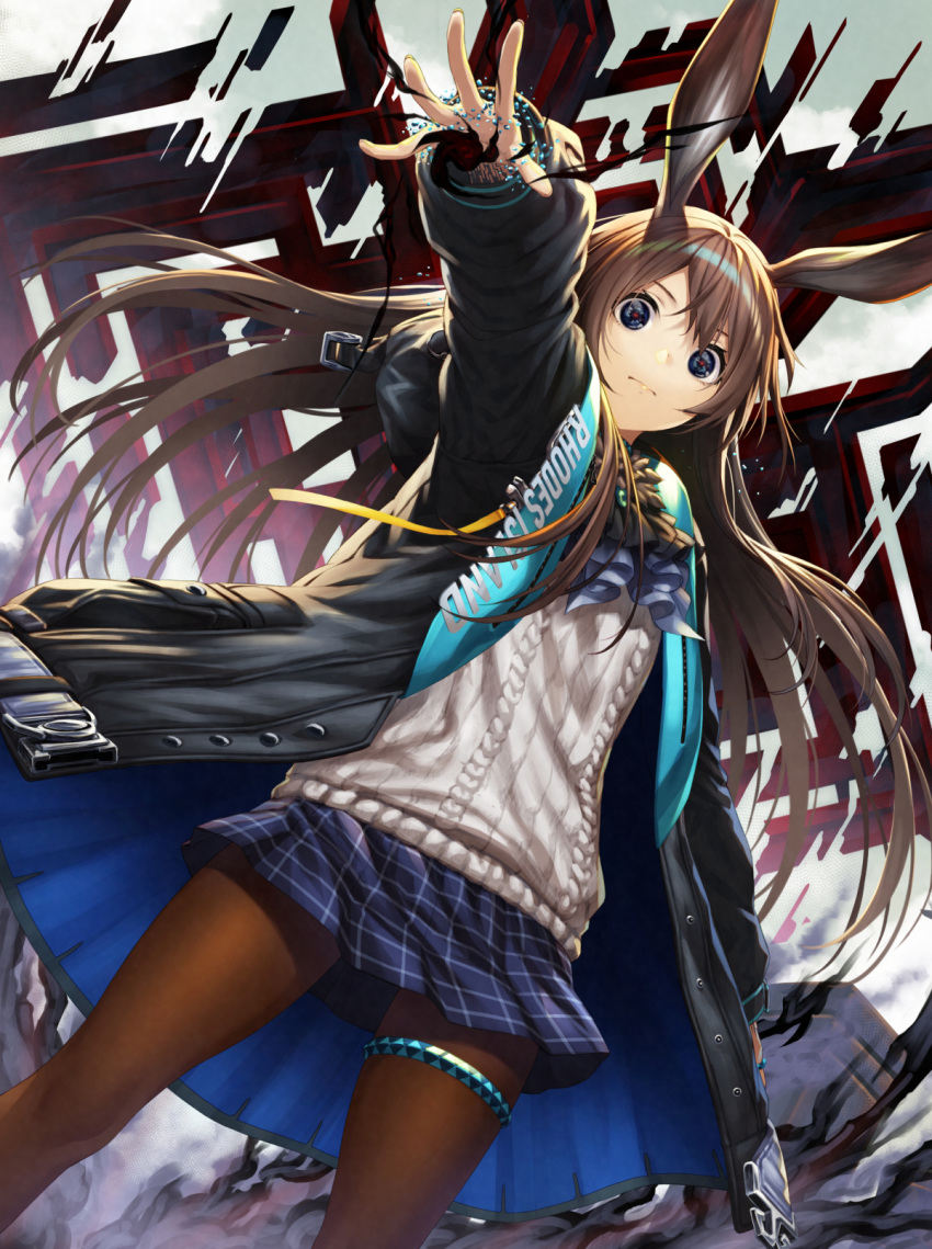 1girl amiya_(arknights) animal_ears arknights bangs black_jacket blue_eyes blue_neckwear blue_skirt brown_hair brown_legwear bunny_ears commentary_request cowboy_shot highres jacket long_hair long_sleeves looking_at_viewer miniskirt nanaran originium_arts_(arknights) partial_commentary ribbed_sweater skirt solo standing sweater thighlet white_sweater