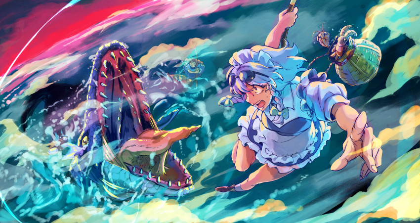 2girls :o absurdres braid brown_footwear brown_hair character_request eyewear_on_head highres huge_filesize izayoi_sakuya maid_headdress midair monster mosasaurus multiple_girls open_mouth outdoors short_sleeves teeth tongue tongue_out touhou trilobite twin_braids water white_hair yellow_sclera yutarou