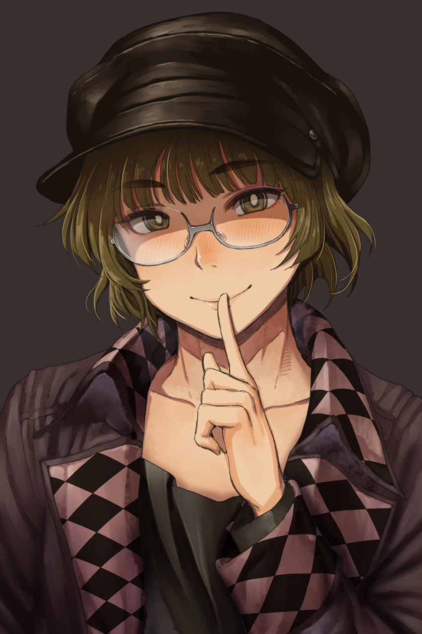 1boy absurdres akizuki_ryou androgynous black_headwear black_jacket blush brown_eyes checkered chiaki_rakutarou collarbone finger_to_mouth glasses green_hair hat highres idolmaster idolmaster_dearly_stars jacket long_sleeves male_focus portrait semi-rimless_eyewear short_hair