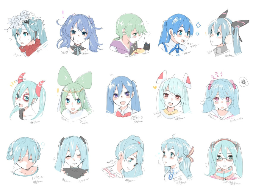 ! aqua_eyes avant-garde_(module) bless_you_(module) blue_eyes blue_hair blush bow bowtie braid calc_(vocaloid) closed_eyes collar commentary dou_iu_koto_nano!?_(vocaloid) facial_mark flower fur_trim furrowed_eyebrows ghost_rule_(vocaloid) glasses green_eyes green_hair hair_flower hair_ornament hatsune_miku headgear headphones high_fever_(module) highres horns lady-ichiko long_hair looking_at_viewer looking_away multiple_persona nervous odds_&amp;_ends_(vocaloid) open_mouth pajama_party_(module) pink_eyes ponytail portrait project_diva_(series) purple_collar purple_eyes rose sailor_collar satisfaction_(kz)_(vocaloid) shinkai_shoujo_(vocaloid) shirt side_ponytail slow_motion_(vocaloid) sparkle squiggle time_machine_(vocaloid) twin_braids twintails twitter_username umiyuri_kaiteitan_(vocaloid) vocaloid white_flower white_rose white_shirt