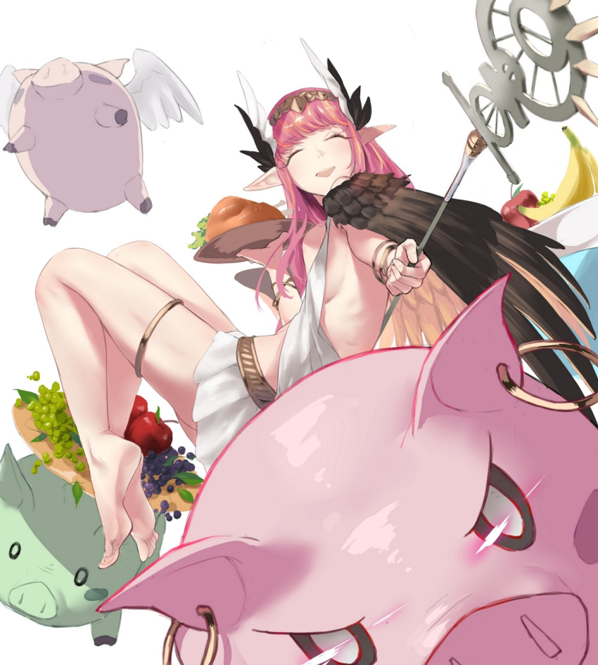 1girl barefoot bracelet breasts circe_(fate/grand_order) closed_eyes den_(kur0_yuki) fate/grand_order fate_(series) food fruit happy head_wings highres holding holding_staff jewelry long_hair looking_at_viewer open_mouth pig pink_hair pointy_ears riding skirt small_breasts smile solo staff white_robe white_skirt