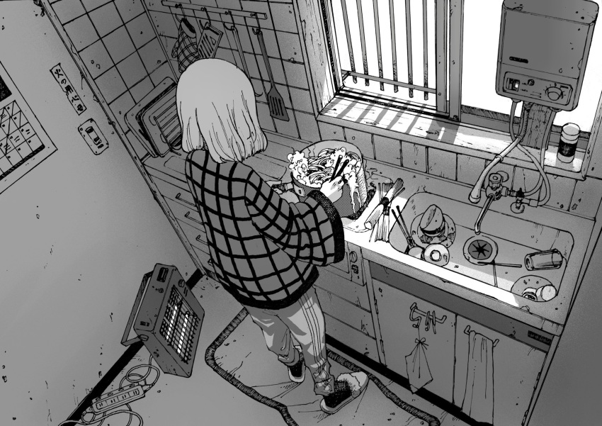 1girl cabinet cable calendar_(object) chopsticks coat commentary_request cooking counter cup cutting_board dishes drawer faucet food from_above from_behind grate greyscale heater highres indoors light_switch medium_hair monochrome noodles omao original oven_mitts pants pot power_strip rug saucer scuffed sink slippers socks solo spatula steam stove striped_coat sweatpants towel window