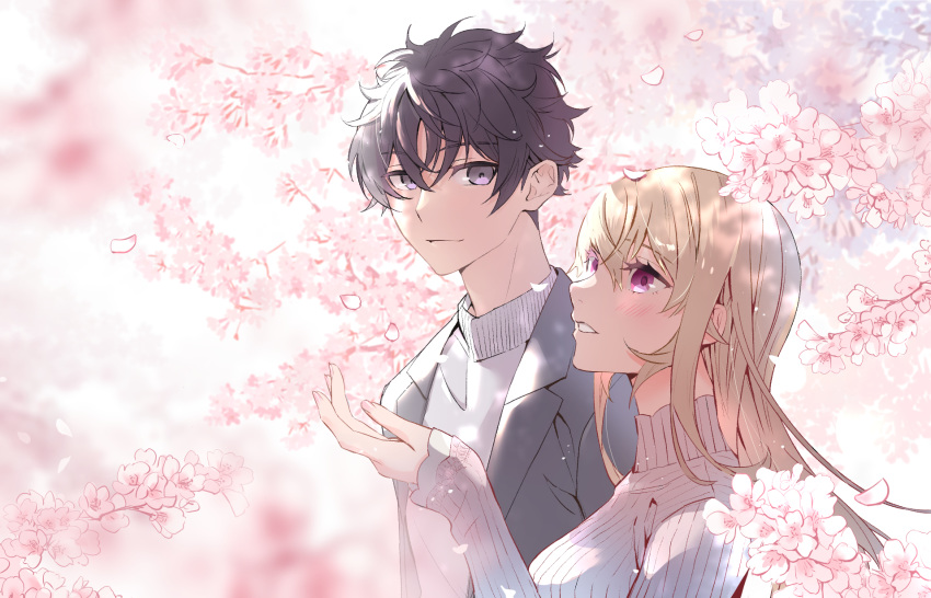 1boy 1girl bangs black_hair blurry blurry_background blush cherry_blossoms commentary_request couple eyebrows_visible_through_hair flower grey_sweater hair_between_eyes hetero highres long_hair long_sleeves looking_at_another looking_up nakiri_asahi nakiri_erina outdoors parted_lips petals pink_flower purple_eyes ribbed_sweater shokugeki_no_souma short_hair smile sweater turtleneck uiui_(hage04195) upper_body