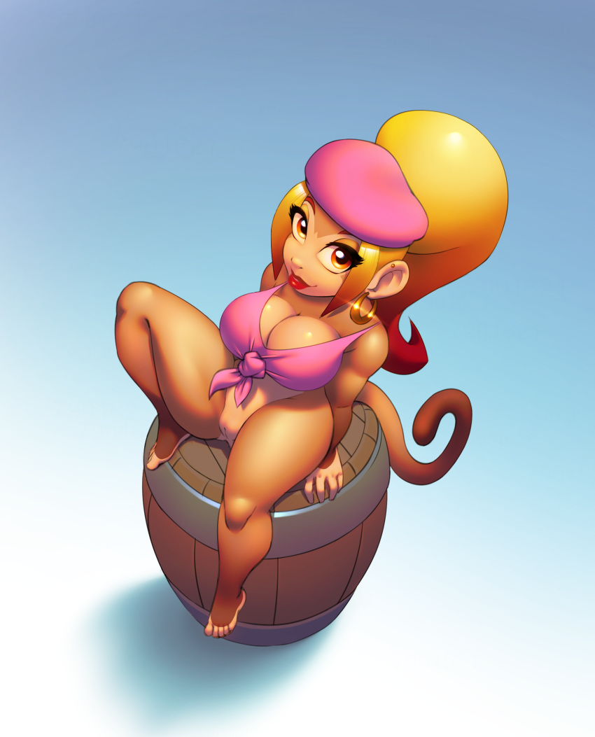 anthro barrel big_breasts blonde_hair breasts brown_body brown_fur cleavage clothed clothing cosplay dixie_kong donkey_kong_(series) eyelashes female fur genitals hair haplorhine hat headgear headwear hi_res lipstick long_hair looking_at_viewer makeup mammal monkey nintendo nitro partially_clothed ponytail primate pussy short_stack sitting solo sonyu_tainkong thick_thighs video_games