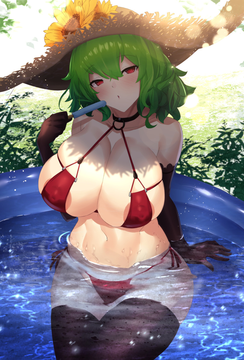 1girl absurdres areolae bikini black_choker black_gloves black_legwear breasts choker cleavage commentary_request day elbow_gloves flower food gloves green_hair hat hat_flower highres holding holding_food huge_breasts kazami_yuuka looking_at_viewer medium_hair navel outdoors popsicle red_bikini red_eyes side-tie_bikini sinkai sitting solo straw_hat summer sunflower swimsuit thighhighs touhou wading_pool water wet