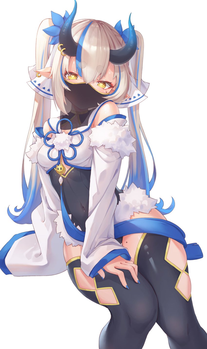 1girl :q absurdres animal_ears argyle_cutout bangs bare_shoulders black_horns black_legwear black_leotard black_veil blonde_hair blue_hair blue_horns blue_nails blush cleavage_cutout contrapposto covered_navel crop_top demon_horns detached_sleeves eyebrows feet_out_of_frame fingernails fur-trimmed_leotard fur-trimmed_sleeves fur_trim goat_ears gold_trim gradient_hair gradient_horns hair_between_eyes hair_ribbon hand_on_own_thigh heart heart-shaped_pupils highlights highres hikimayu hitokuchii horns leotard licking_lips long_fingernails long_hair makeup mole mole_on_thigh mole_under_eye mouth_veil multicolored_hair multicolored_horns nail_polish oni original ribbon sidelocks silver_hair sitting skin_tight sleeves_past_wrists smile smirk solo streaked_hair symbol-shaped_pupils thigh_cutout thighhighs thighs tongue tongue_out twintails two-tone_hair wide_sleeves yellow_eyes