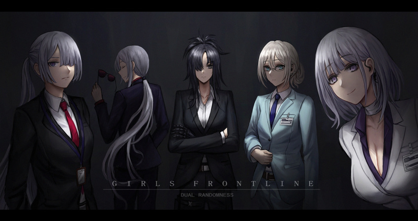 5girls ak-12_(girls_frontline) ak-15_(girls_frontline) an-94_(girls_frontline) angelia_(girls_frontline) aqua_eyes bandaged_neck bangs belt black_hair blue_jacket blue_neckwear blue_suit breasts cleavage closed_eyes closed_mouth collared_shirt crossed_arms defy_(girls_frontline) dress_shirt earpiece eyebrows_visible_through_hair folded_hair formal from_behind girls_frontline grey_suit hair_behind_ear hair_over_one_eye highres id_card jacket lanyard large_breasts long_hair looking_at_viewer low_tied_hair mechanical_arm medium_hair multiple_girls platinum_blonde_hair purple_eyes purple_shirt red_neckwear rpk-16_(girls_frontline) selcky shirt sidelocks silver_hair smile standing suit sunglasses white_shirt