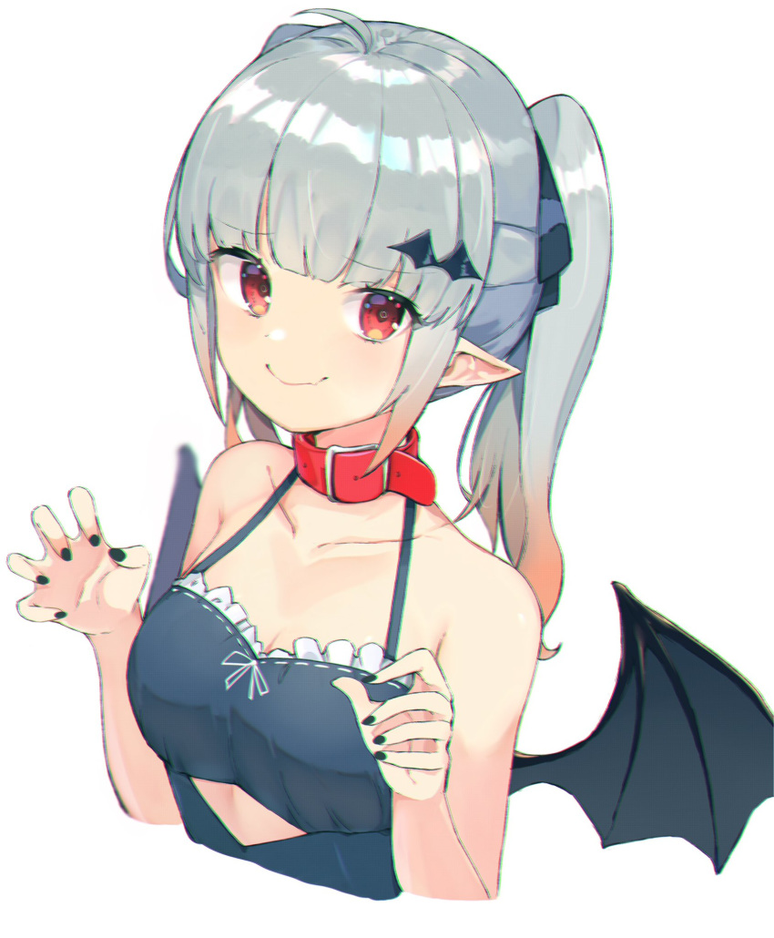 1girl ahoge bangs bare_shoulders bat_girl bat_hair_ornament bat_wings black_nails blurry blush closed_mouth collar collarbone eyebrows_visible_through_hair fang fingernails frills grey_hair hair_ornament highres light_blush long_hair looking_at_viewer mini_wings original pointy_ears red_collar red_eyes ryou_(ponpgo) shiny shiny_hair simple_background smile solo twintails upper_body white_background wings