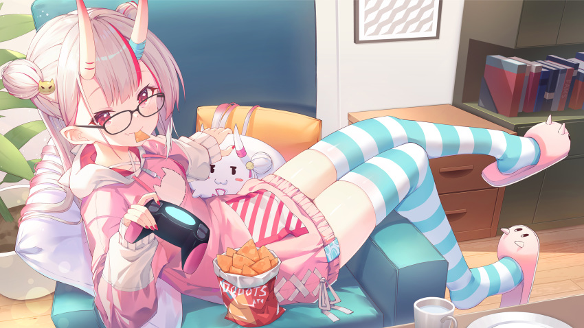 1girl animal_print bangs beige_hoodie blush book breasts cat_hair_ornament cat_print chair closed_mouth coffee_cup collarbone controller cup disposable_cup double_bun fang fingernails food food_in_mouth full_body game_controller gamepad hair_ornament highres hitokuchii holding holding_controller holding_game_controller hololive hood hood_down hoodie horns indoors long_hair long_sleeves looking_at_viewer lying mouth_hold multicolored_hair multicolored_hoodie nachos nail_polish nakiri_ayame oni oni_horns open_mouth pillow pink_hoodie plant potted_plant poyoyo_(nakiri_ayame) red_eyes red_hair red_nails silver_hair sitting skin-covered_horns skin_fang sleeves_past_wrists slippers smile solo streaked_hair striped striped_legwear table thighhighs virtual_youtuber wooden_floor