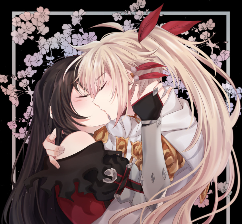 1boy 1girl black_hair closed_eyes couple earrings floating_hair flower french_kiss from_side hair_flower hair_ornament hetero highres hug jewelry kiss long_hair original ponytail red_flower silver_hair tales_of_(series) tales_of_berseria upper_body velvet_crowe very_long_hair