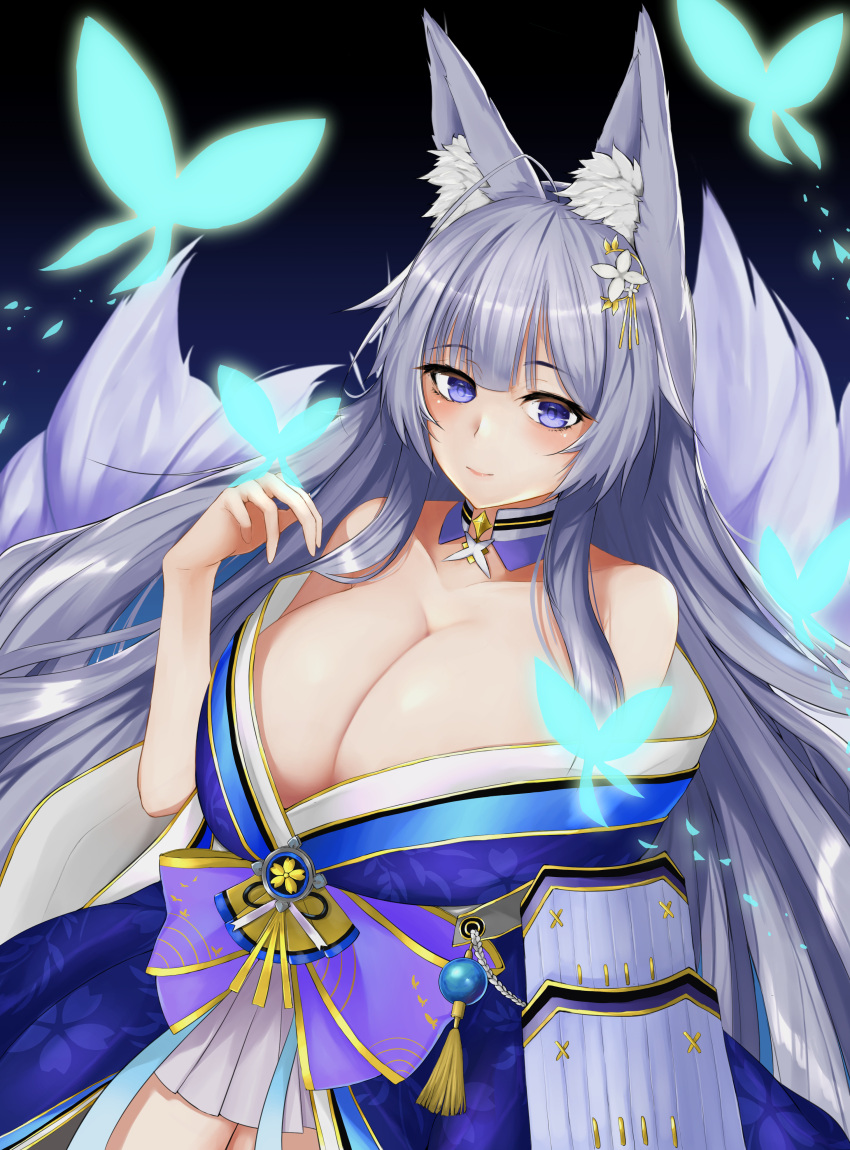 1girl absurdres animal_ear_fluff animal_ears azur_lane blue_butterfly blue_collar blue_kimono breasts bug butterfly collar collarbone cowboy_shot eyebrows_visible_through_hair fox_ears fox_girl hair_between_eyes highres japanese_clothes kimono kitsune kyuubi large_tail long_hair long_sleeves looking_at_viewer multiple_tails night off-shoulder_kimono ojisan_f shinano_(azur_lane) silver_hair skirt_under_kimono tail white_tail wide_sleeves wrist_flower