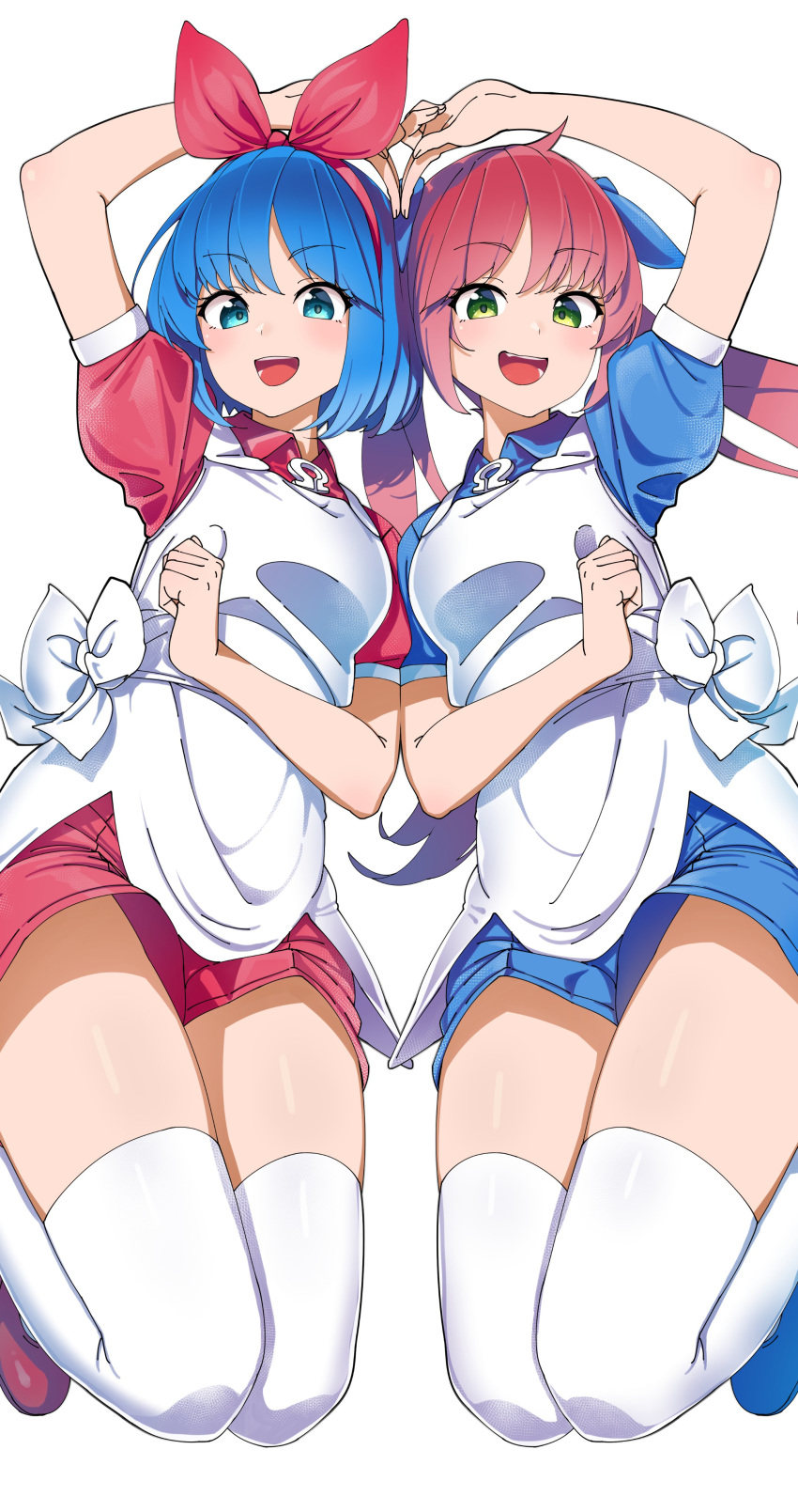 2girls absurdres arm_up bangs blue_eyes blue_hair blue_ribbon blue_shirt blue_shorts bow bow_hairband eyebrows_visible_through_hair green_eyes hair_bow hair_ribbon hairband heart_arms heart_arms_duo highres long_hair multiple_girls omega_rei omega_rio omega_sisters omega_symbol open_mouth pink_hair puffy_short_sleeves puffy_sleeves red_hairband red_ribbon red_shirt red_shorts ribbon shinomu_(cinomoon) shirt short_hair short_shorts short_sleeves shorts simple_background smile thighhighs twintails virtual_youtuber white_background white_legwear