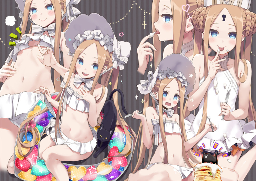 1girl abigail_williams_(fate/grand_order) abigail_williams_(swimsuit_foreigner)_(fate) bangs bare_shoulders bikini black_bow black_cat blonde_hair blue_eyes blush bonnet bow braid braided_bun breasts cat closed_mouth double_bun dress_swimsuit fate/grand_order fate_(series) food forehead fork hair_bow hair_rings innertube keyhole knife long_hair looking_at_viewer miniskirt mitre multiple_bows multiple_views natsume_eri navel open_mouth orange_bow pancake parted_bangs sidelocks sitting skirt small_breasts smile sparkle swimsuit thighs tongue tongue_out twin_braids twintails very_long_hair wariza white_bikini white_bow white_headwear white_swimsuit