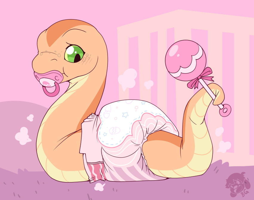 absurd_res ambiguous_gender blush cuddlehooves diaper feral furgonomics hi_res pacifier playpen rattle reptile scalie snake solo