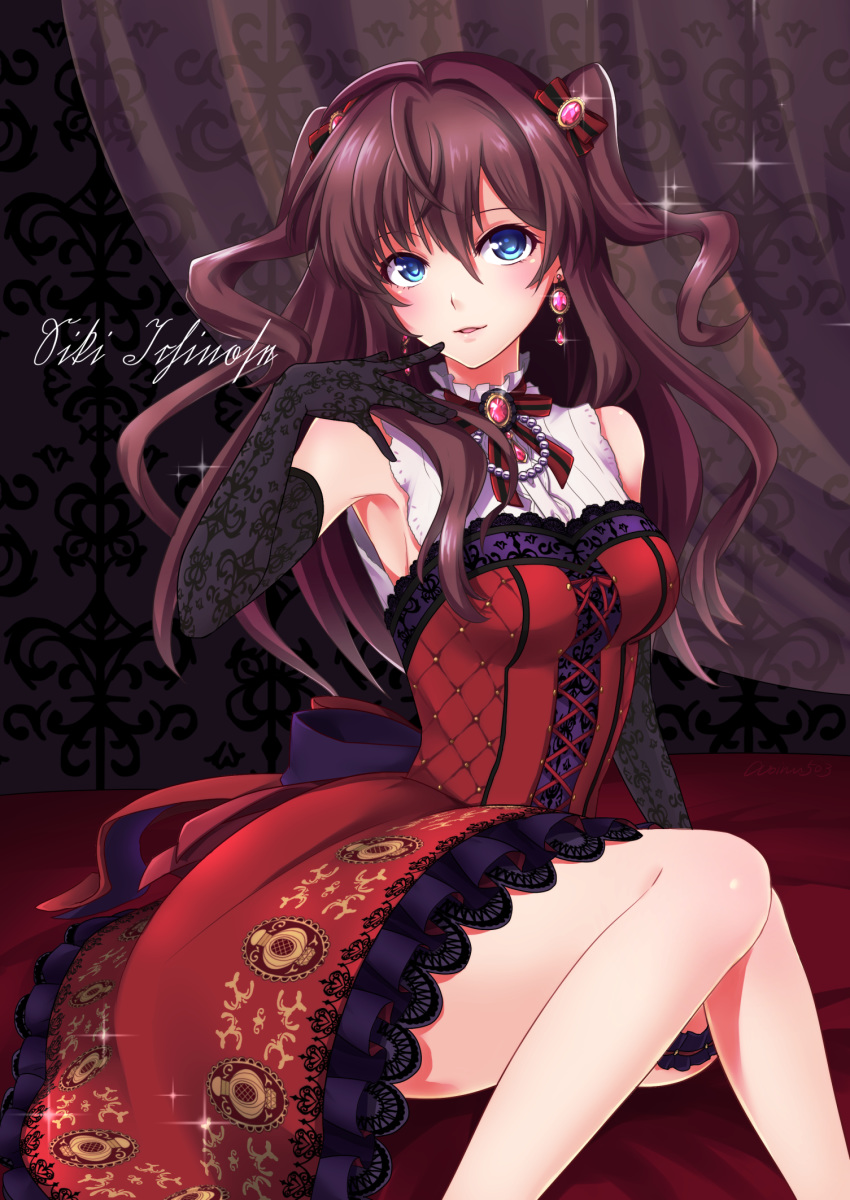 1girl aoinu_(shuumatsugeki) armpits bangs black_background black_gloves blue_eyes brown_hair character_name curtains dress dress_shirt earrings elbow_gloves eyebrows_visible_through_hair gloves hair_between_eyes highres ichinose_shiki idolmaster idolmaster_cinderella_girls jewelry lace_sleeves long_hair looking_at_viewer neck_ribbon open_mouth pinafore_dress red_dress red_ribbon ribbon shiny shiny_hair shirt sitting sleeveless sleeveless_dress sleeveless_shirt solo striped striped_ribbon twintails very_long_hair white_shirt