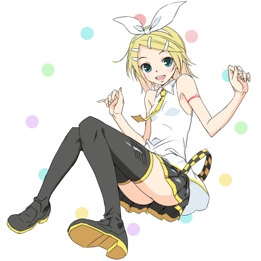 bangs bare_shoulders black_legwear black_skirt blonde_hair boots bow commentary full_body hair_bow hair_ornament hairclip hands_up kagamine_rin knees_together_feet_apart knees_up looking_at_viewer miniskirt necktie open_mouth pleated_skirt shirt short_hair shoulder_tattoo sitting skirt sleeveless sleeveless_shirt smile soukun_s swept_bangs tattoo thigh_boots thighhighs vocaloid vocaloid_(lat-type_ver) white_background white_bow white_shirt yellow_neckwear