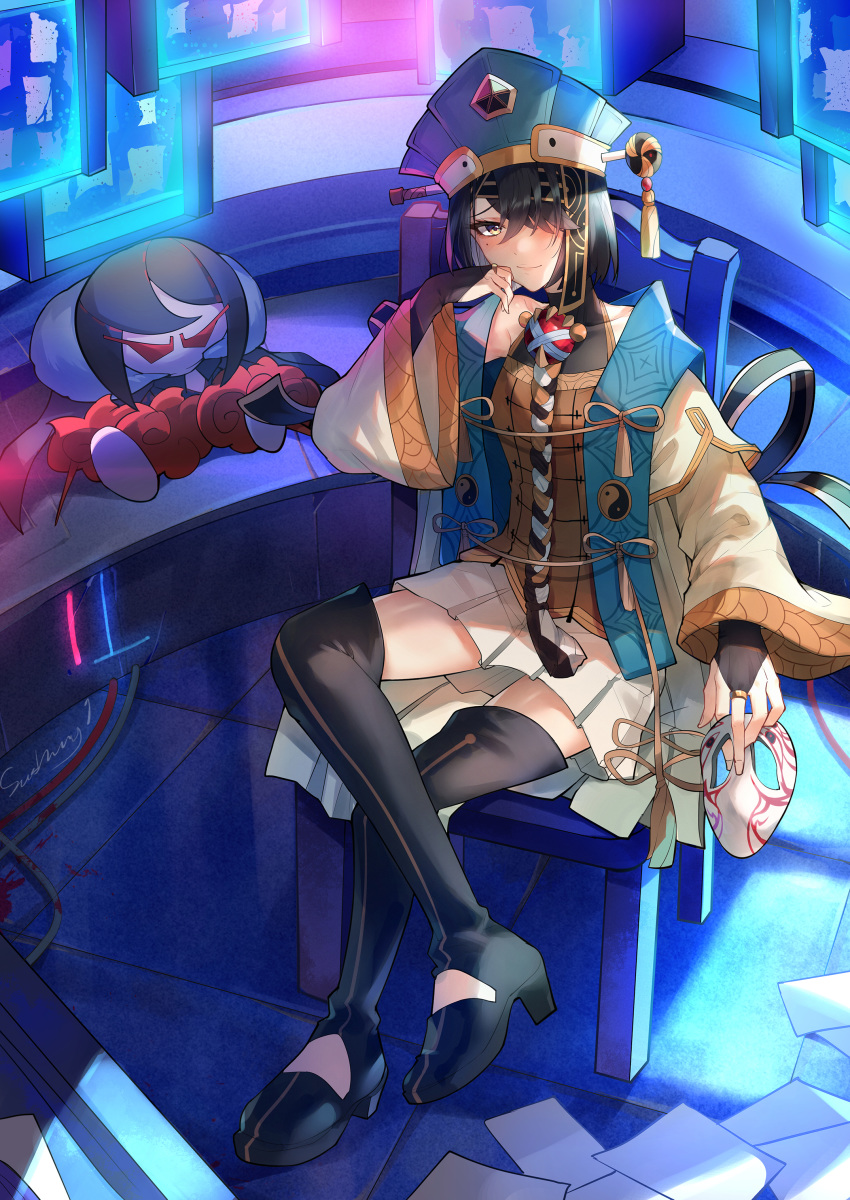 1girl absurdres bare_shoulders black_footwear black_hair blue_headwear blush boots breasts bridal_gauntlets brown_eyes chair chinese_clothes consort_yu_(fate) desk doll fate/grand_order fate_(series) hair_ornament hair_over_one_eye hairpin hat highres kaer_sasi_dianxia long_sleeves looking_at_viewer mole mole_under_eye monitor orb short_hair sitting skirt small_breasts smile thigh_boots thighhighs toeless_boots white_robe white_skirt wide_sleeves xu_fu_(fate)